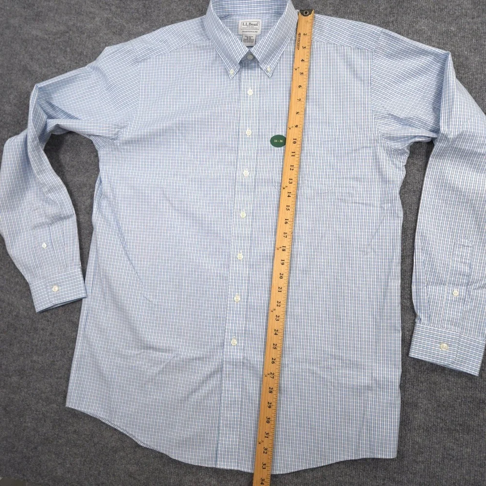 LL Bean Oxford Dress Shirt Mens 16-36 Blue White Tattersail Check Wrinkle-Free